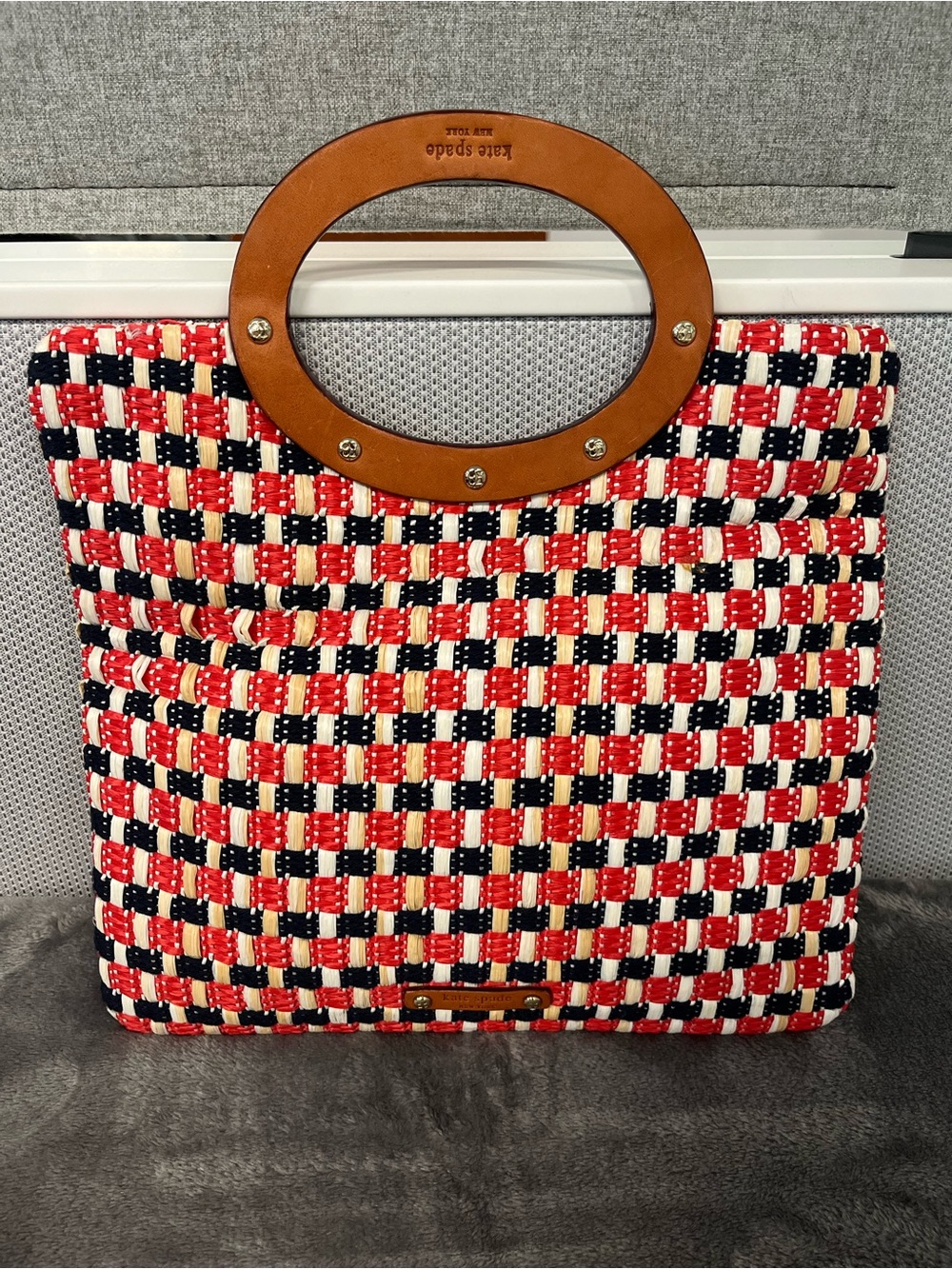Kate Spade Red, White & Navy Woven Tote Clutch with Brown Leather Handles